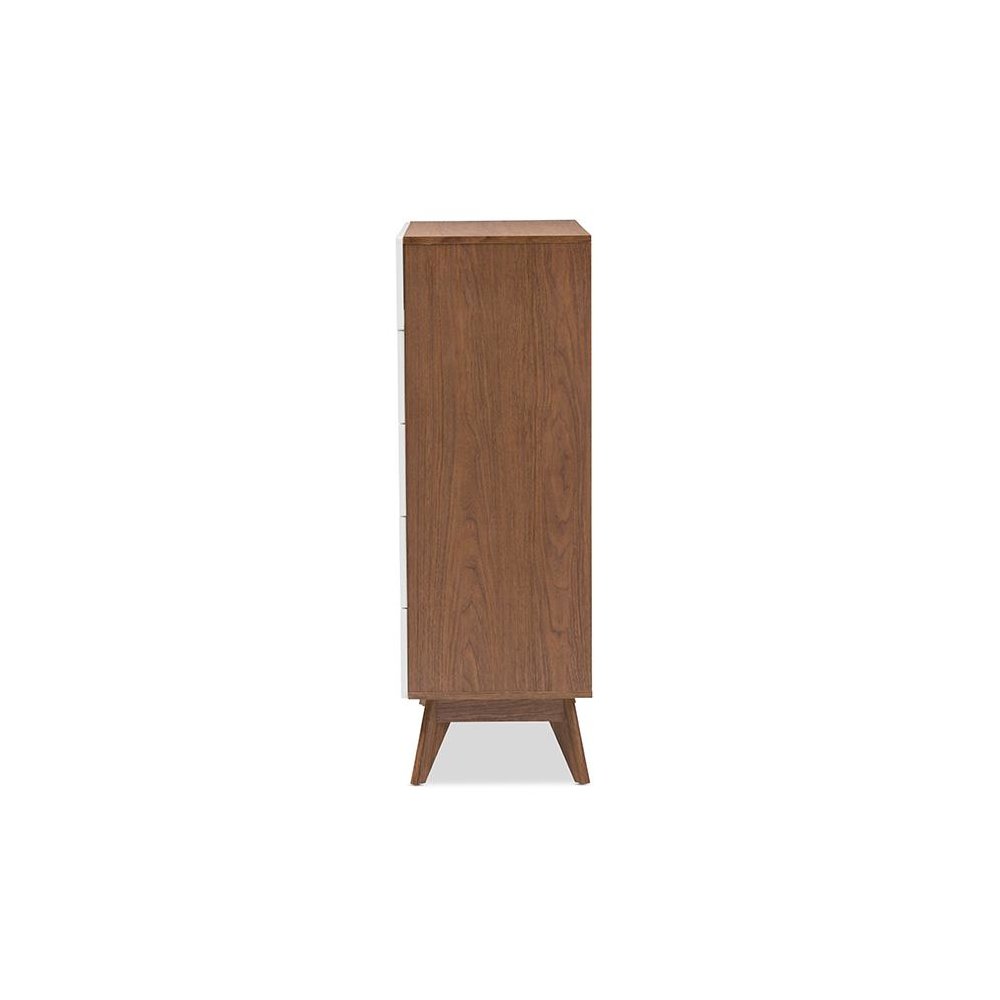 Calypso Mid-Century Modern White and Walnut Wood 5-Drawer Storage Chest. Picture 4