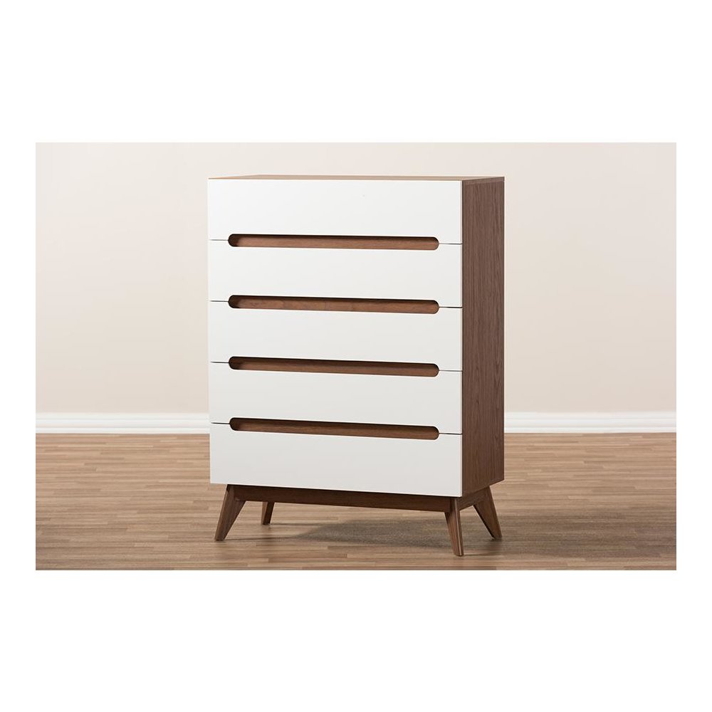 Calypso Mid-Century Modern White and Walnut Wood 5-Drawer Storage Chest. Picture 7