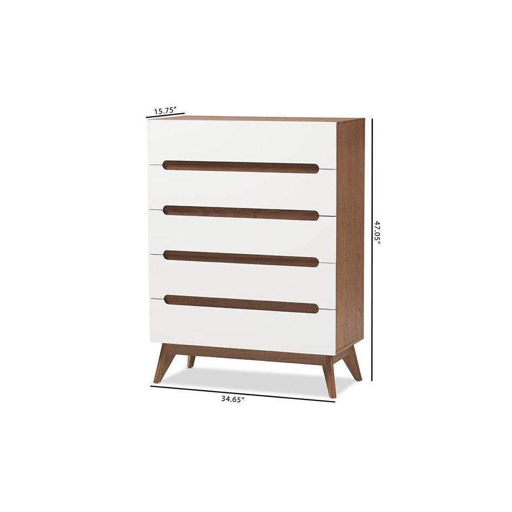 Calypso Mid-Century Modern White and Walnut Wood 5-Drawer Storage Chest. Picture 8