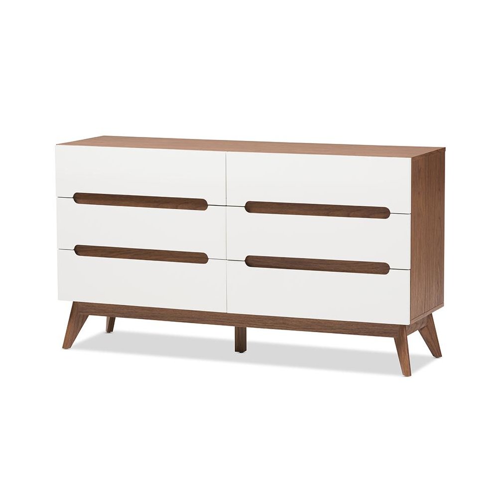 Calypso Mid-Century Modern White and Walnut Wood 6-Drawer Storage Dresser. Picture 1