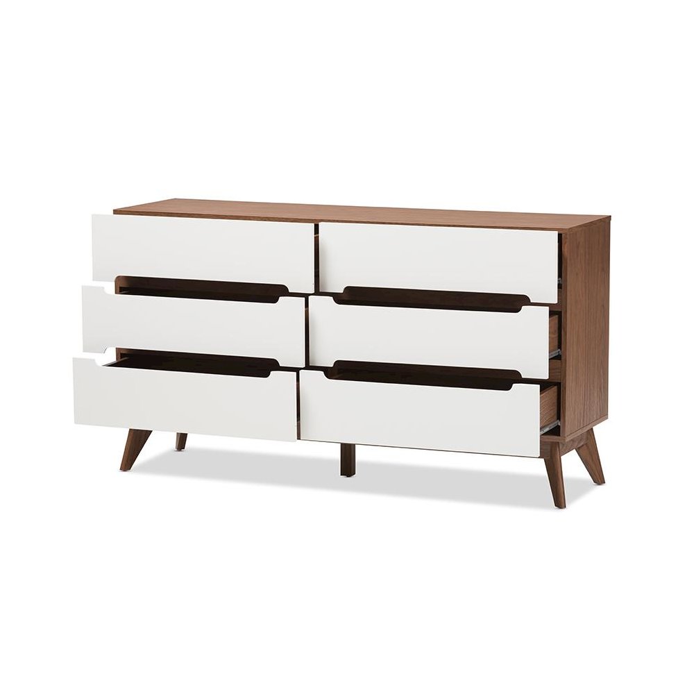 Calypso Mid-Century Modern White and Walnut Wood 6-Drawer Storage Dresser. Picture 2