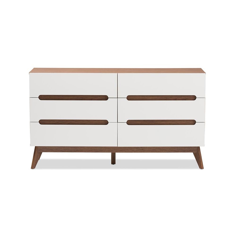 Calypso Mid-Century Modern White and Walnut Wood 6-Drawer Storage Dresser. Picture 3