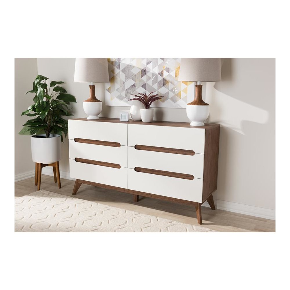 Calypso Mid-Century Modern White and Walnut Wood 6-Drawer Storage Dresser. Picture 6