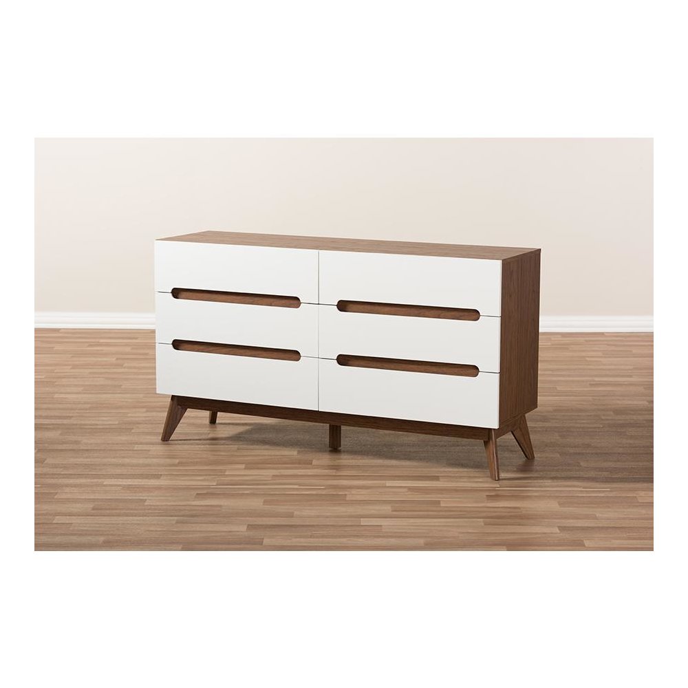 Calypso Mid-Century Modern White and Walnut Wood 6-Drawer Storage Dresser. Picture 7