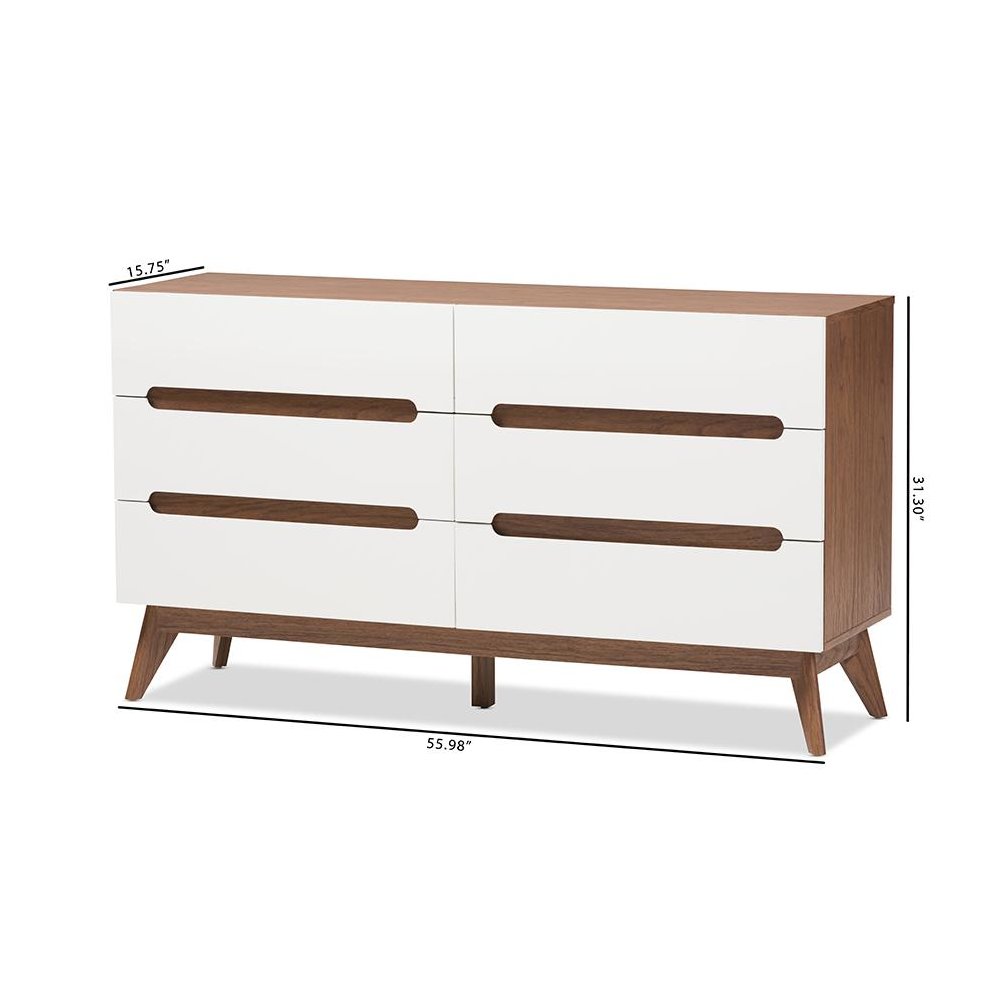 Calypso Mid-Century Modern White and Walnut Wood 6-Drawer Storage Dresser. Picture 8