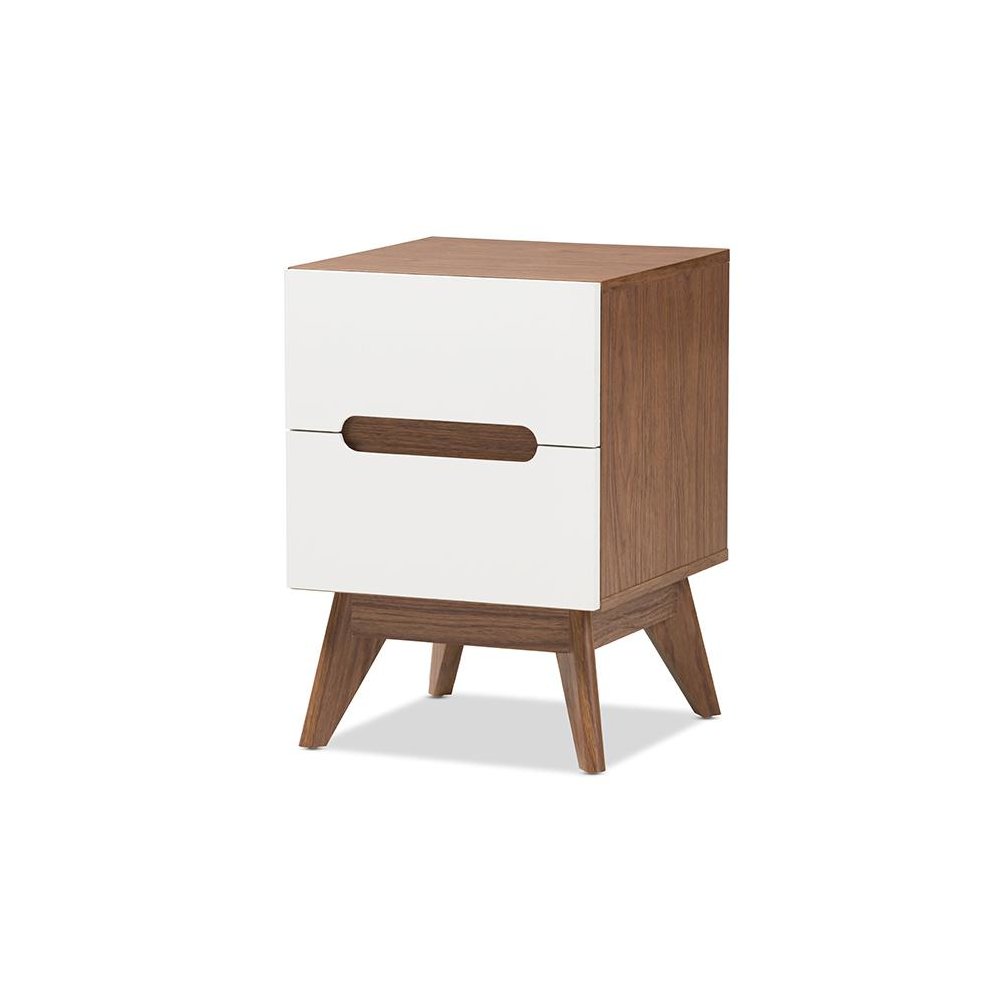 Calypso Mid-Century Modern White and Walnut Wood 3-Drawer Storage Nightstand. Picture 1