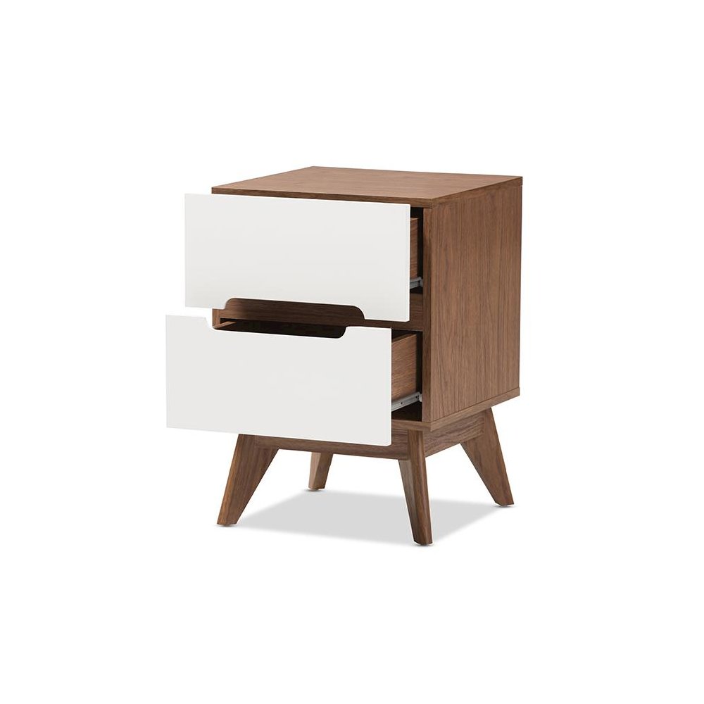 Calypso Mid-Century Modern White and Walnut Wood 3-Drawer Storage Nightstand. Picture 2