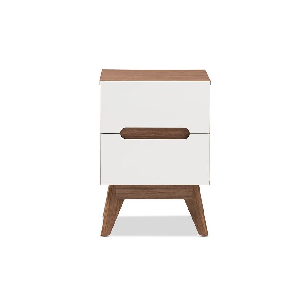 Calypso Mid-Century Modern White and Walnut Wood 3-Drawer Storage Nightstand. Picture 3