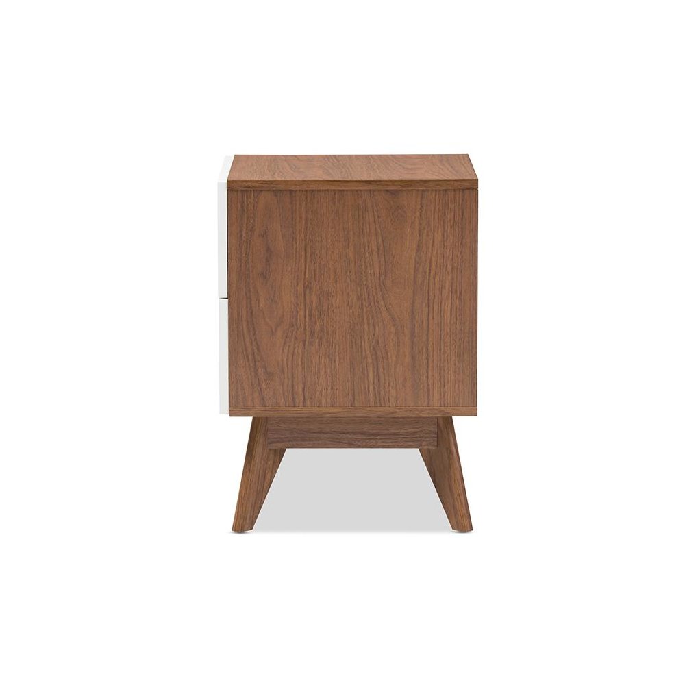 Calypso Mid-Century Modern White and Walnut Wood 3-Drawer Storage Nightstand. Picture 4