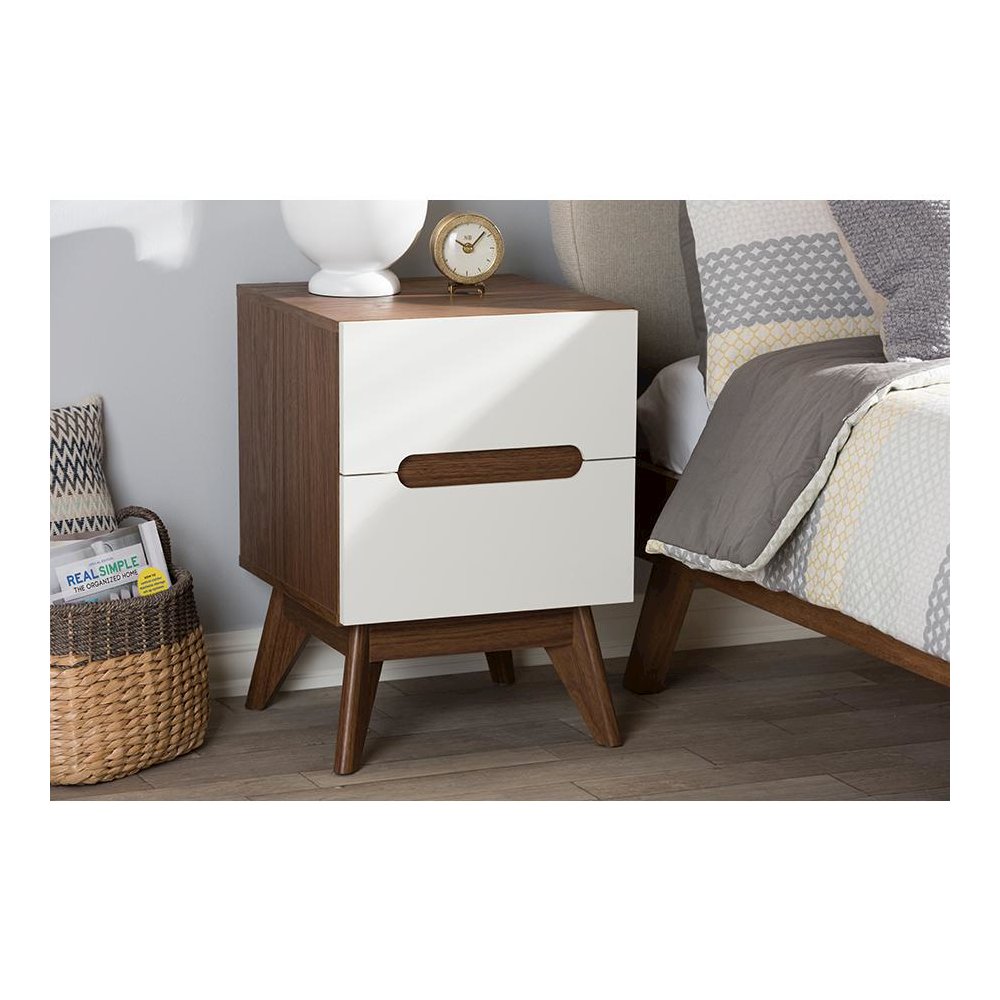Calypso Mid-Century Modern White and Walnut Wood 3-Drawer Storage Nightstand. Picture 6