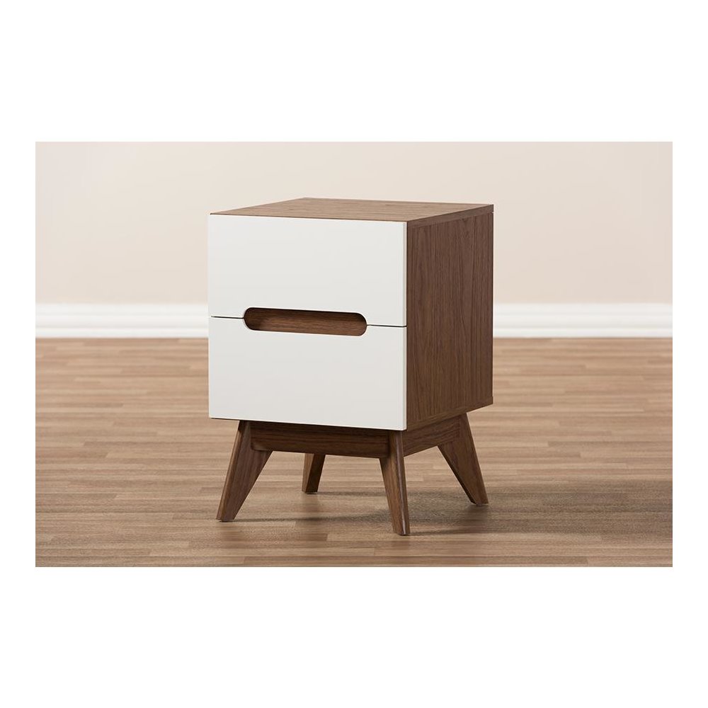 Calypso Mid-Century Modern White and Walnut Wood 3-Drawer Storage Nightstand. Picture 7