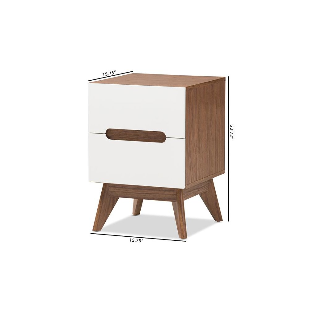 Calypso Mid-Century Modern White and Walnut Wood 3-Drawer Storage Nightstand. Picture 8
