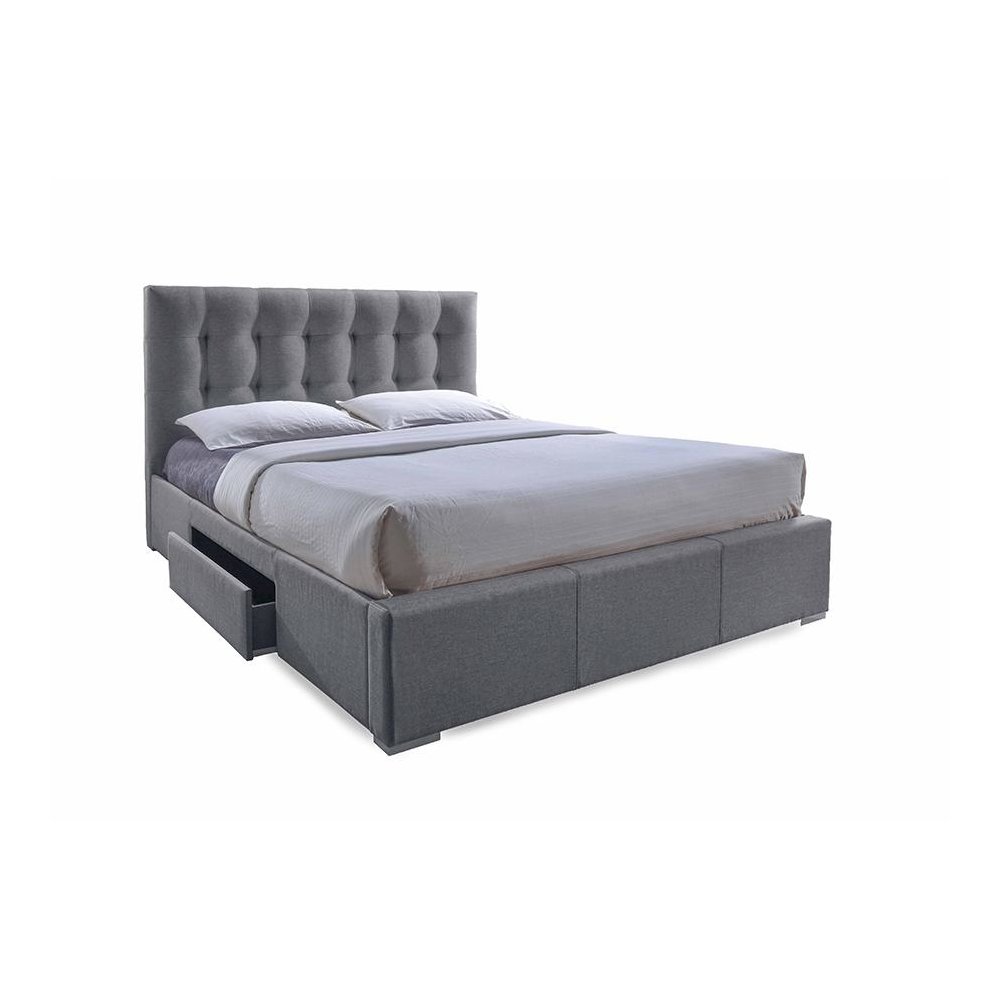 Grid-Tufted Grey Fabric Upholstered Storage King-Size Bed with 2-drawer. Picture 5