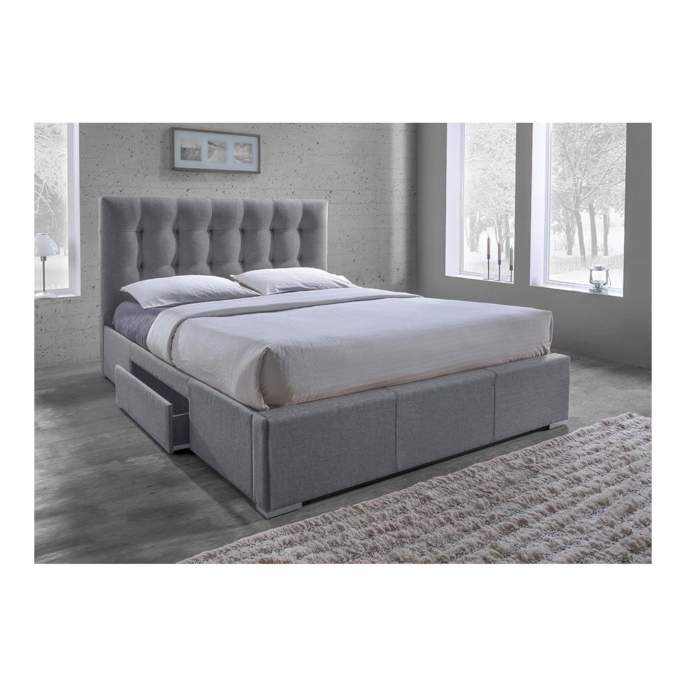 Grid-Tufted Grey Fabric Upholstered Storage King-Size Bed with 2-drawer. Picture 4
