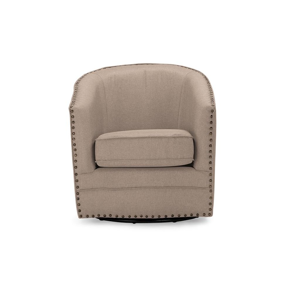 Classic Retro Beige Fabric Upholstered Swivel Tub Chair. Picture 5