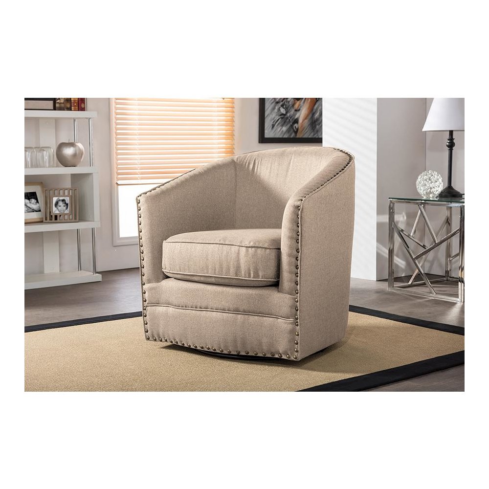 Classic Retro Beige Fabric Upholstered Swivel Tub Chair. Picture 4