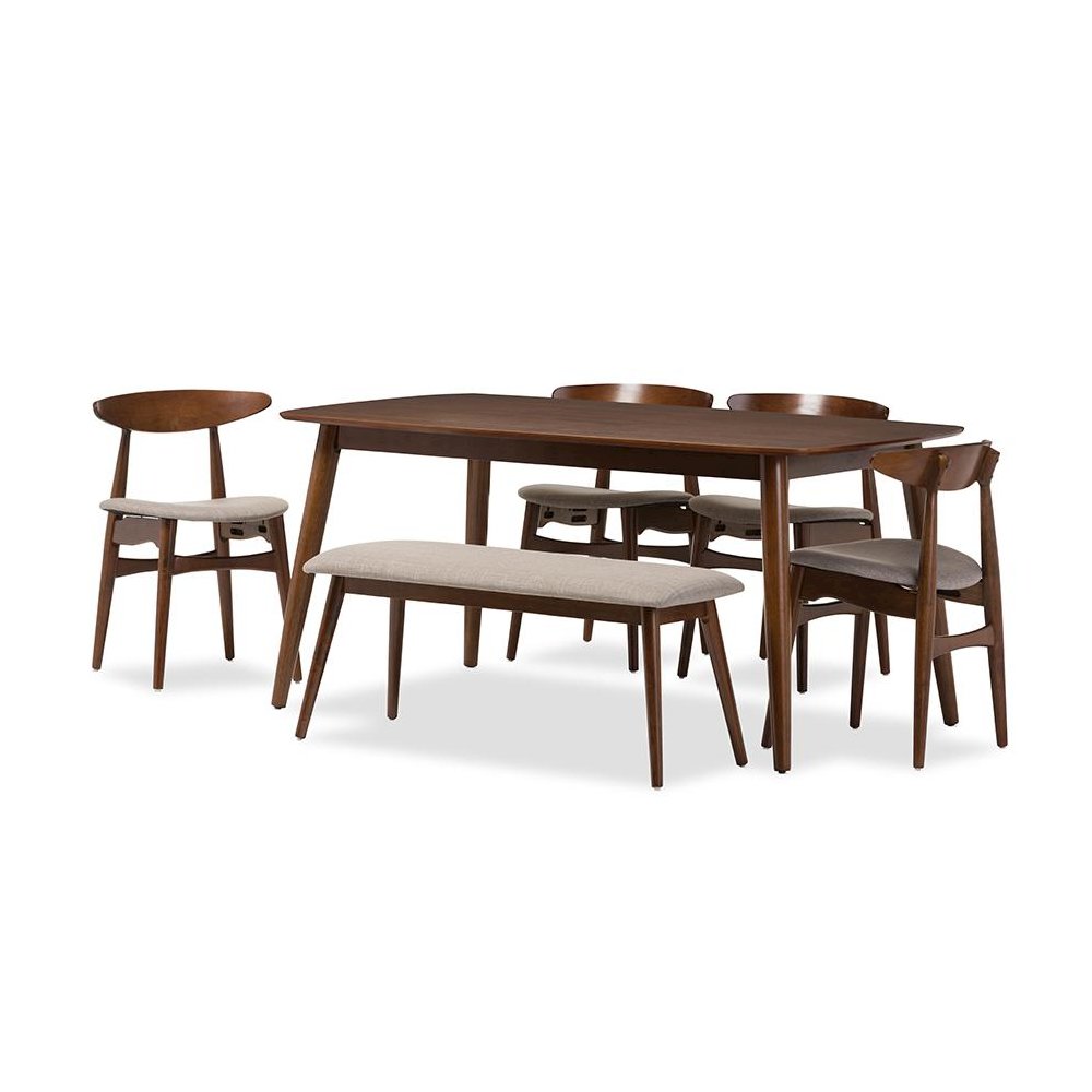 Light Grey Fabric and "Oak" Medium Brown Finishing Wood 6-Piece Dining Set. Picture 1