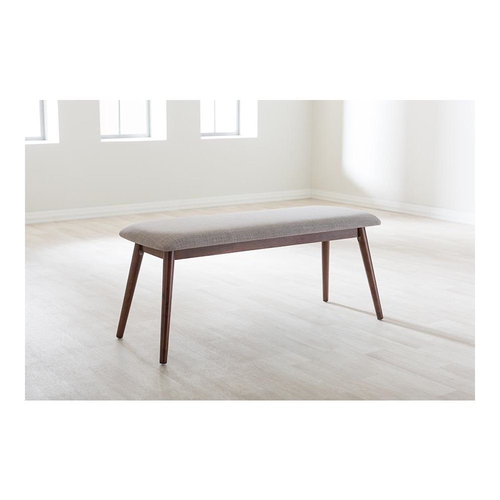 Modern Light Grey Fabric and "Oak" Medium Brown Finishing Wood Dining Bench. Picture 5
