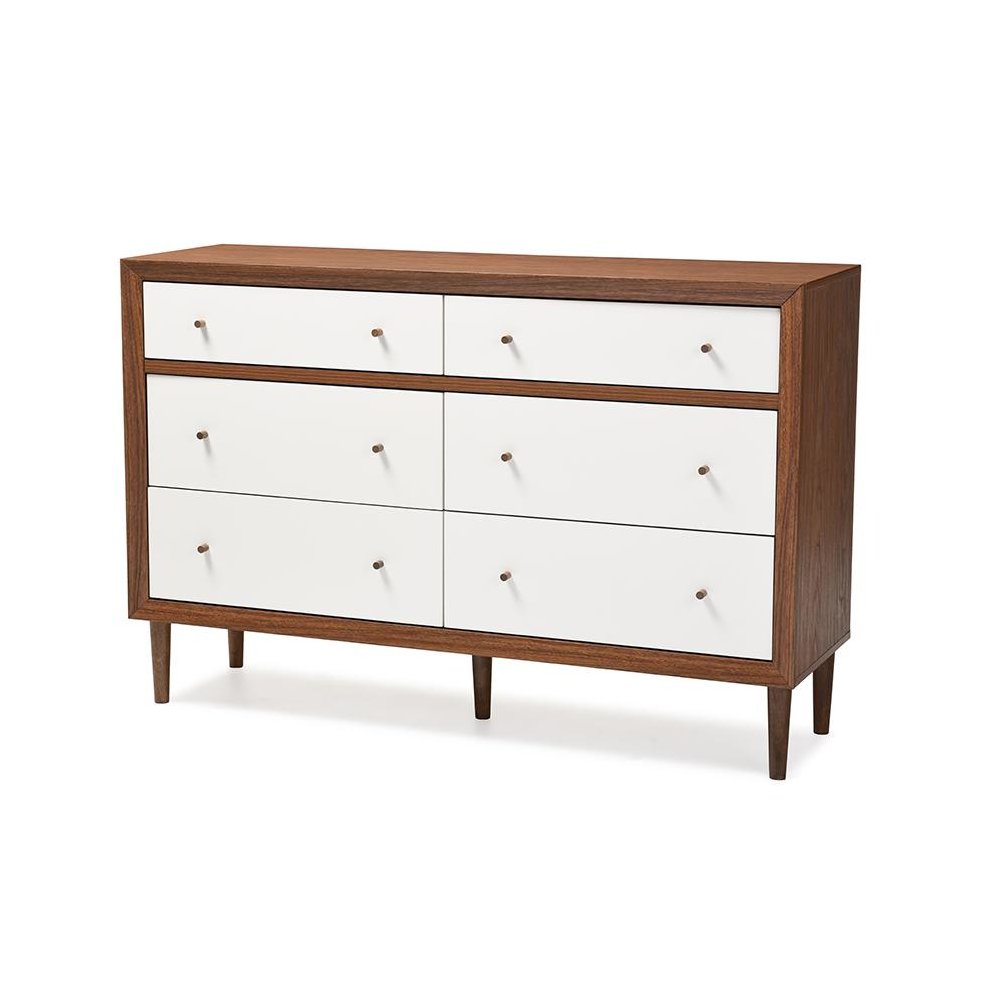 Scandinavian Style White and Walnut Wood 6-drawer Storage Dresser. Picture 1