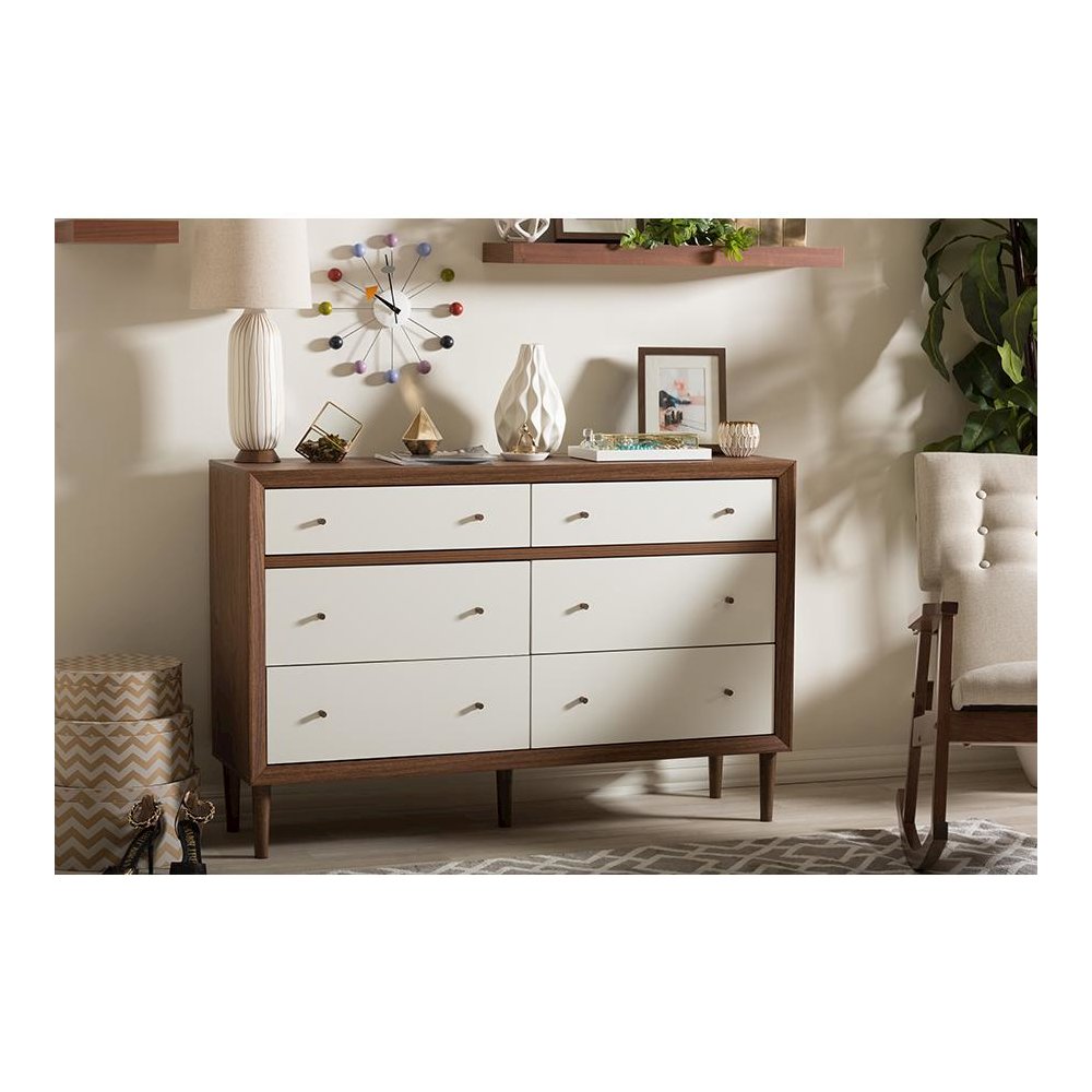 Scandinavian Style White and Walnut Wood 6-drawer Storage Dresser. Picture 4