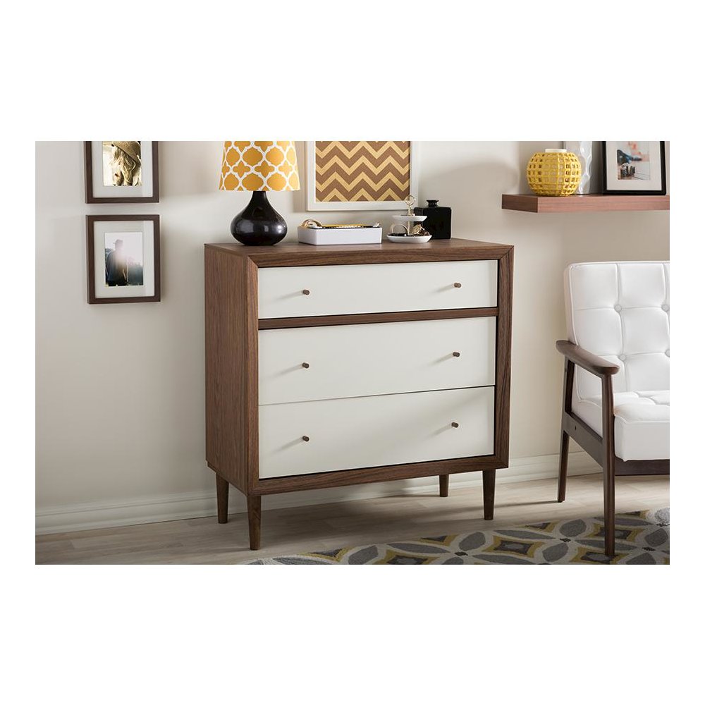 Scandinavian Style White and Walnut Wood 3-drawer Chest. Picture 3