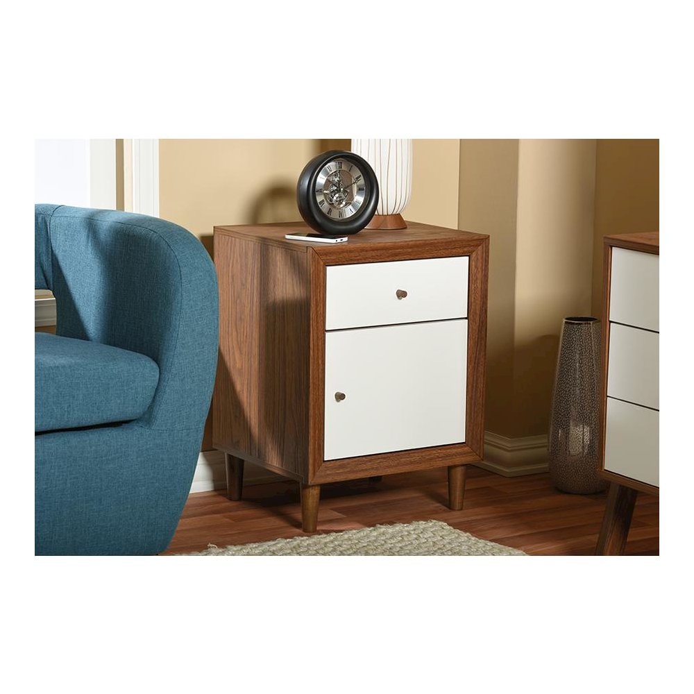 Scandinavian Style White and Walnut Wood 1-drawer and 1-door Nightstand. Picture 4