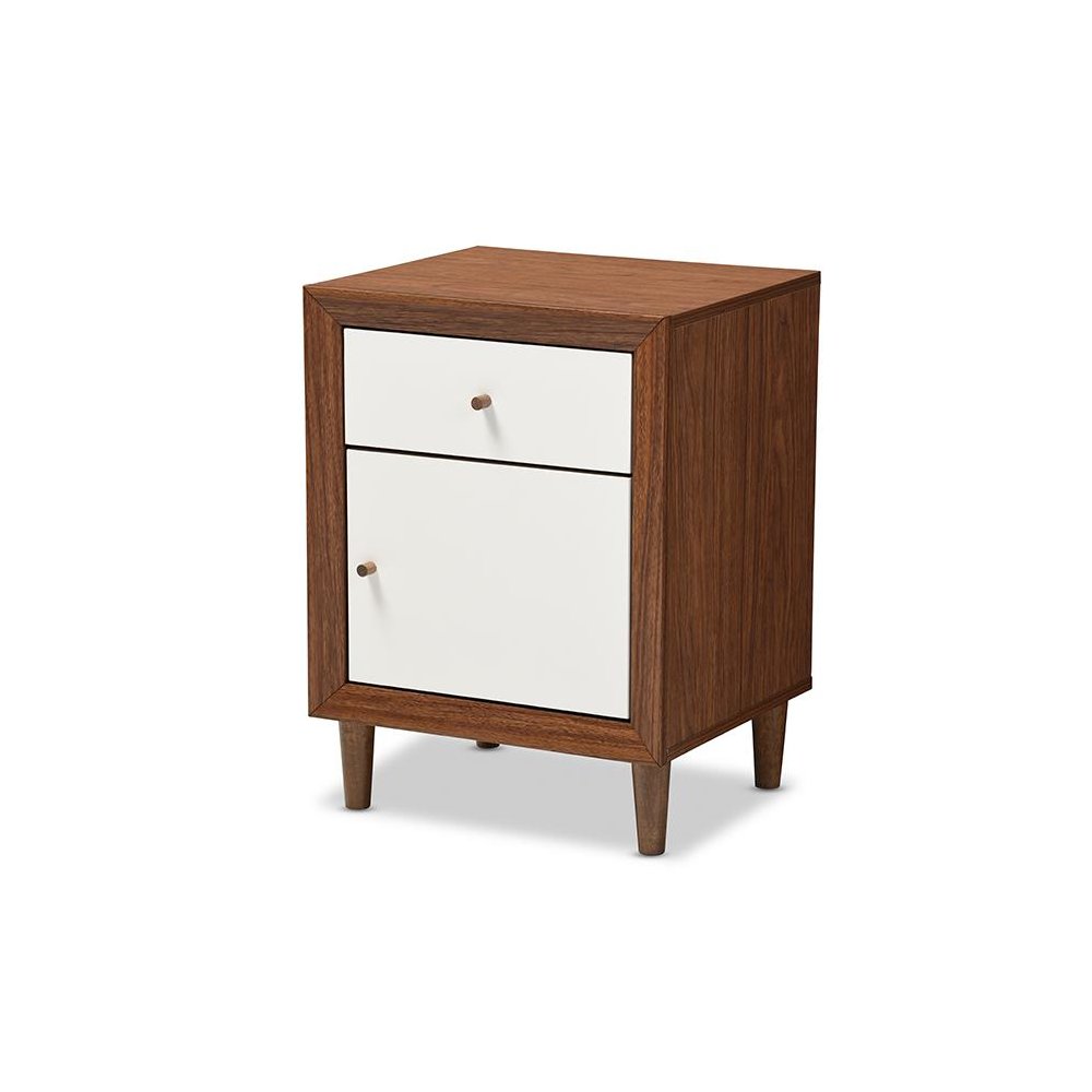 Scandinavian Style White and Walnut Wood 1-drawer and 1-door Nightstand. Picture 1