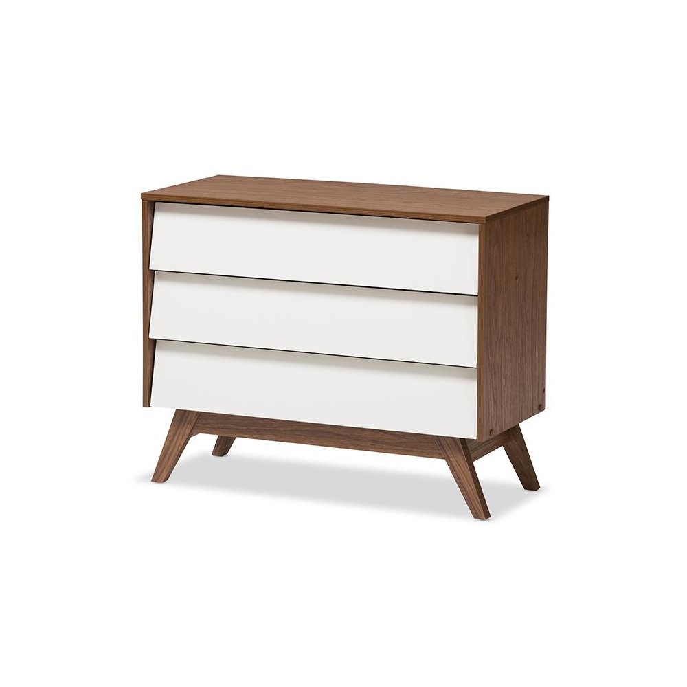 Hildon Mid-Century Modern White and Walnut Wood 3-Drawer Storage Chest. Picture 1