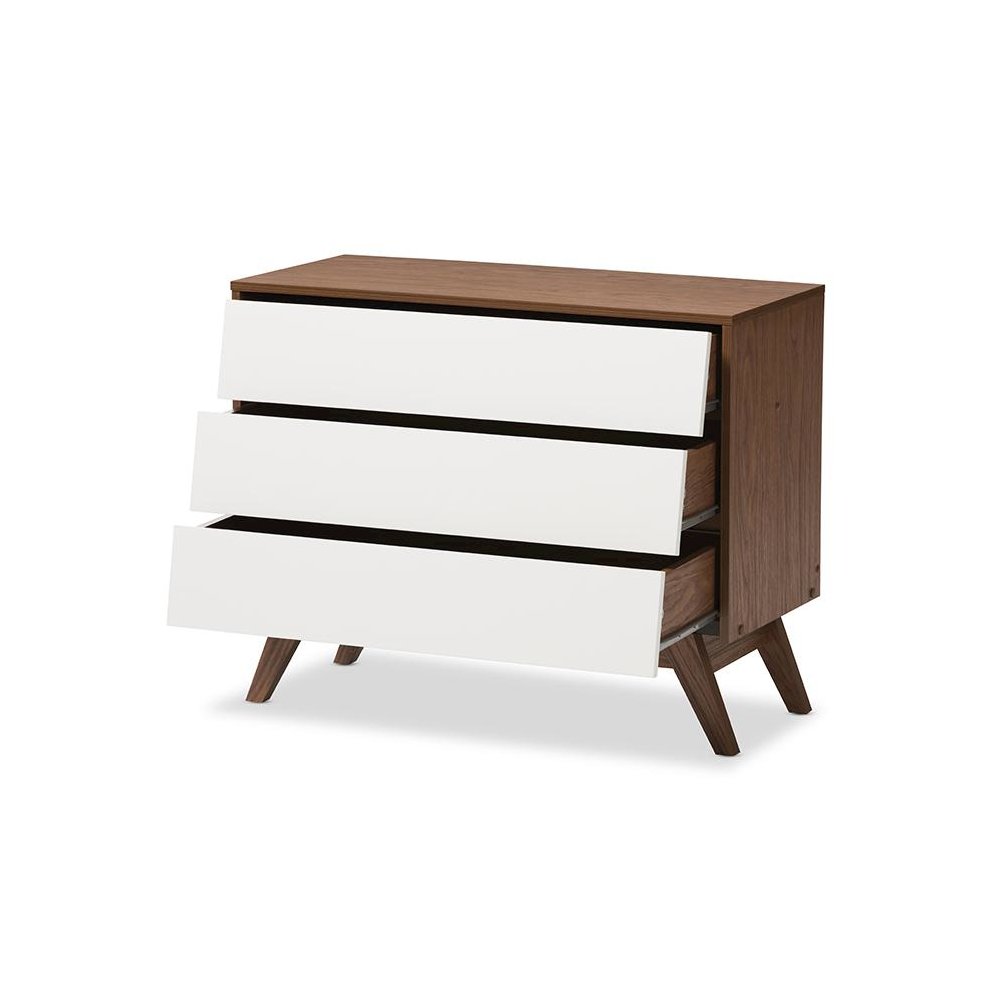 Hildon Mid-Century Modern White and Walnut Wood 3-Drawer Storage Chest. Picture 2