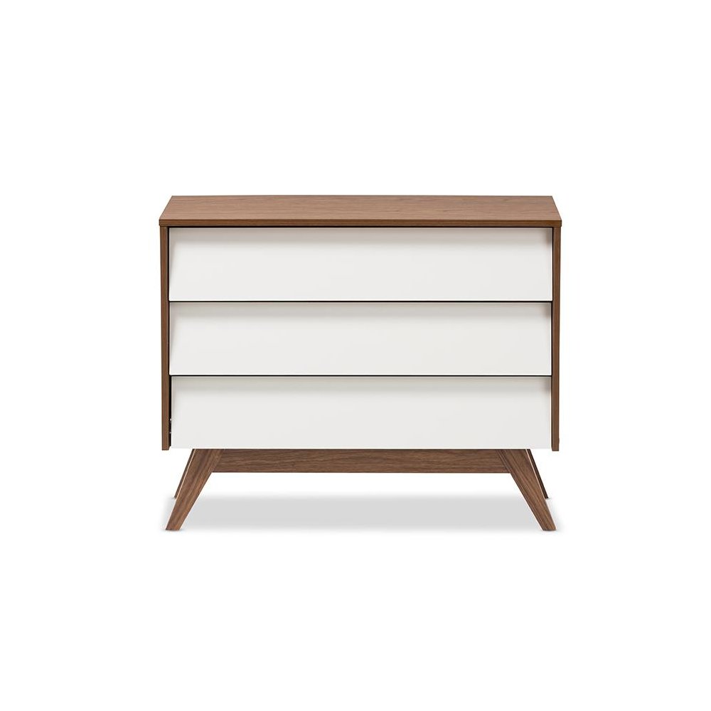 Hildon Mid-Century Modern White and Walnut Wood 3-Drawer Storage Chest. Picture 3