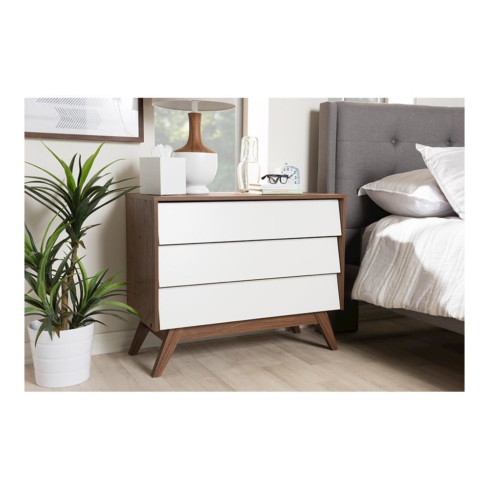 Hildon Mid-Century Modern White and Walnut Wood 3-Drawer Storage Chest. Picture 5