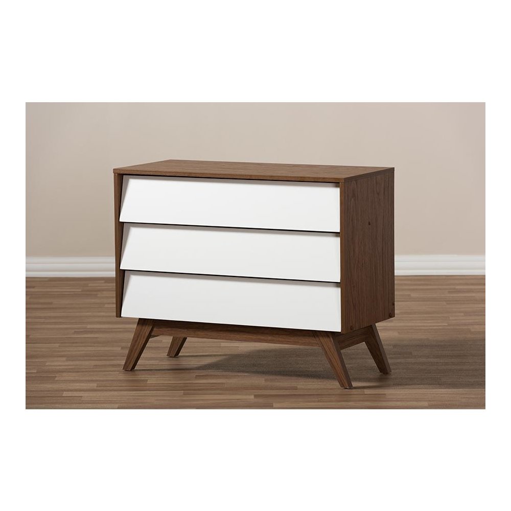 Hildon Mid-Century Modern White and Walnut Wood 3-Drawer Storage Chest. Picture 6