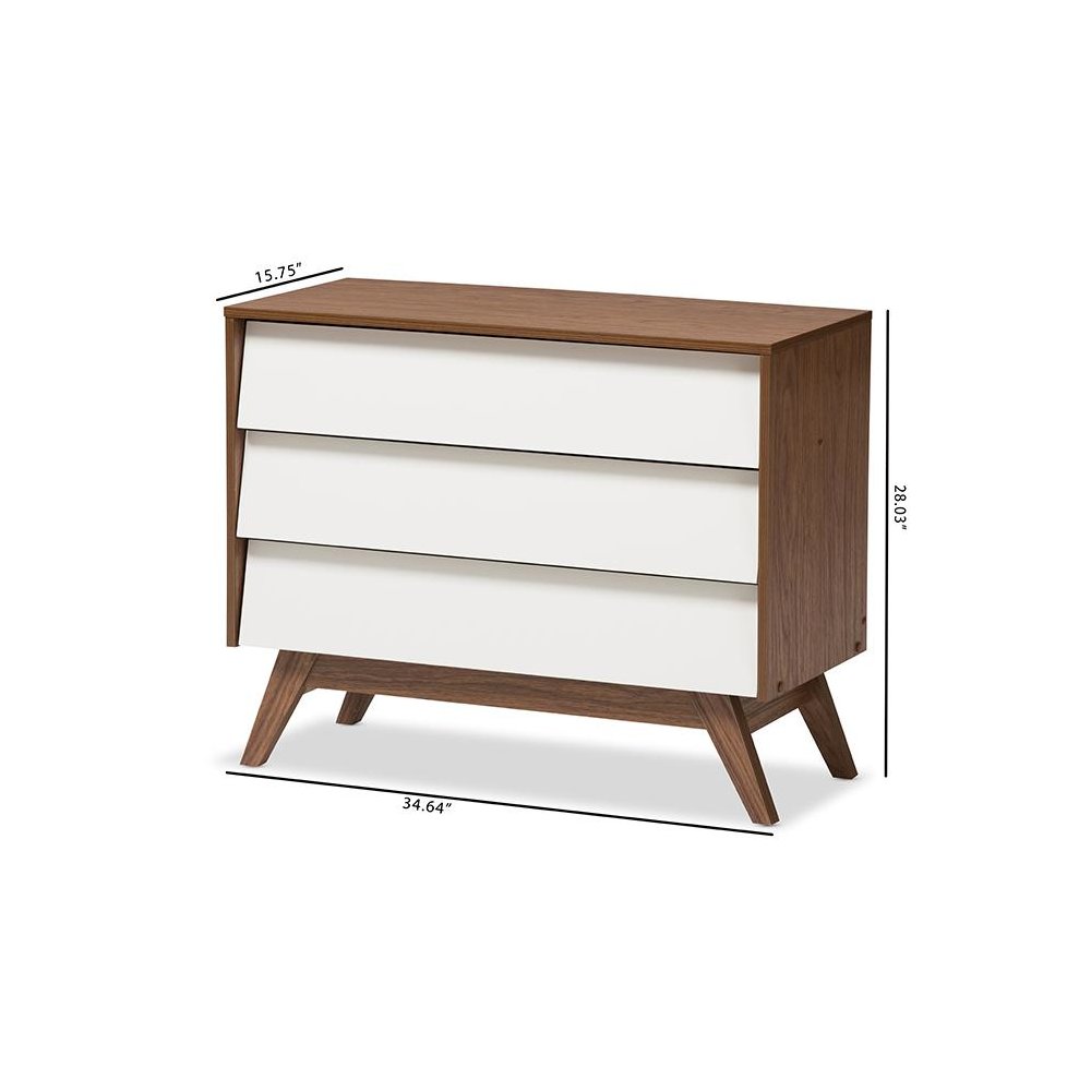 Hildon Mid-Century Modern White and Walnut Wood 3-Drawer Storage Chest. Picture 7