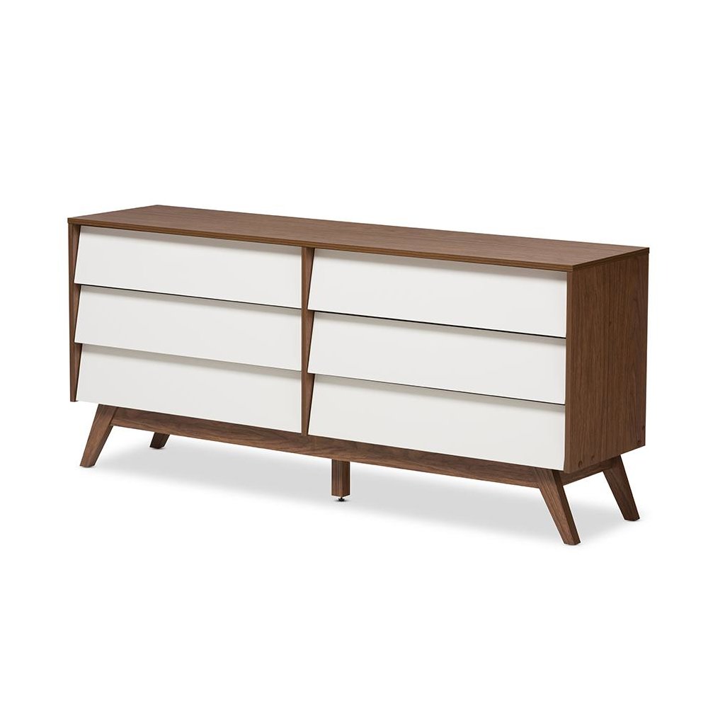 Hildon Mid-Century Modern White and Walnut Wood 6-Drawer Storage Dresser. Picture 1