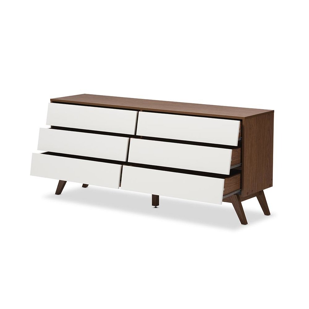 Hildon Mid-Century Modern White and Walnut Wood 6-Drawer Storage Dresser. Picture 2