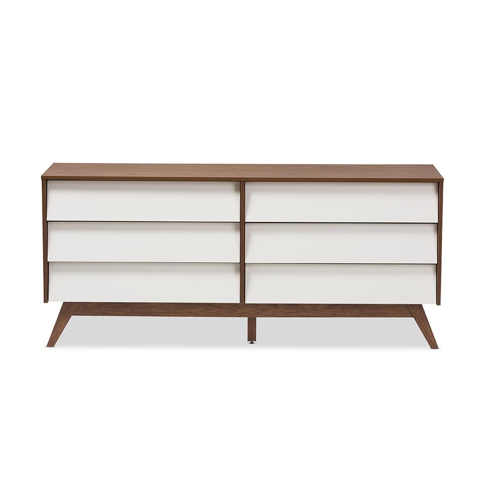 Hildon Mid-Century Modern White and Walnut Wood 6-Drawer Storage Dresser. Picture 3