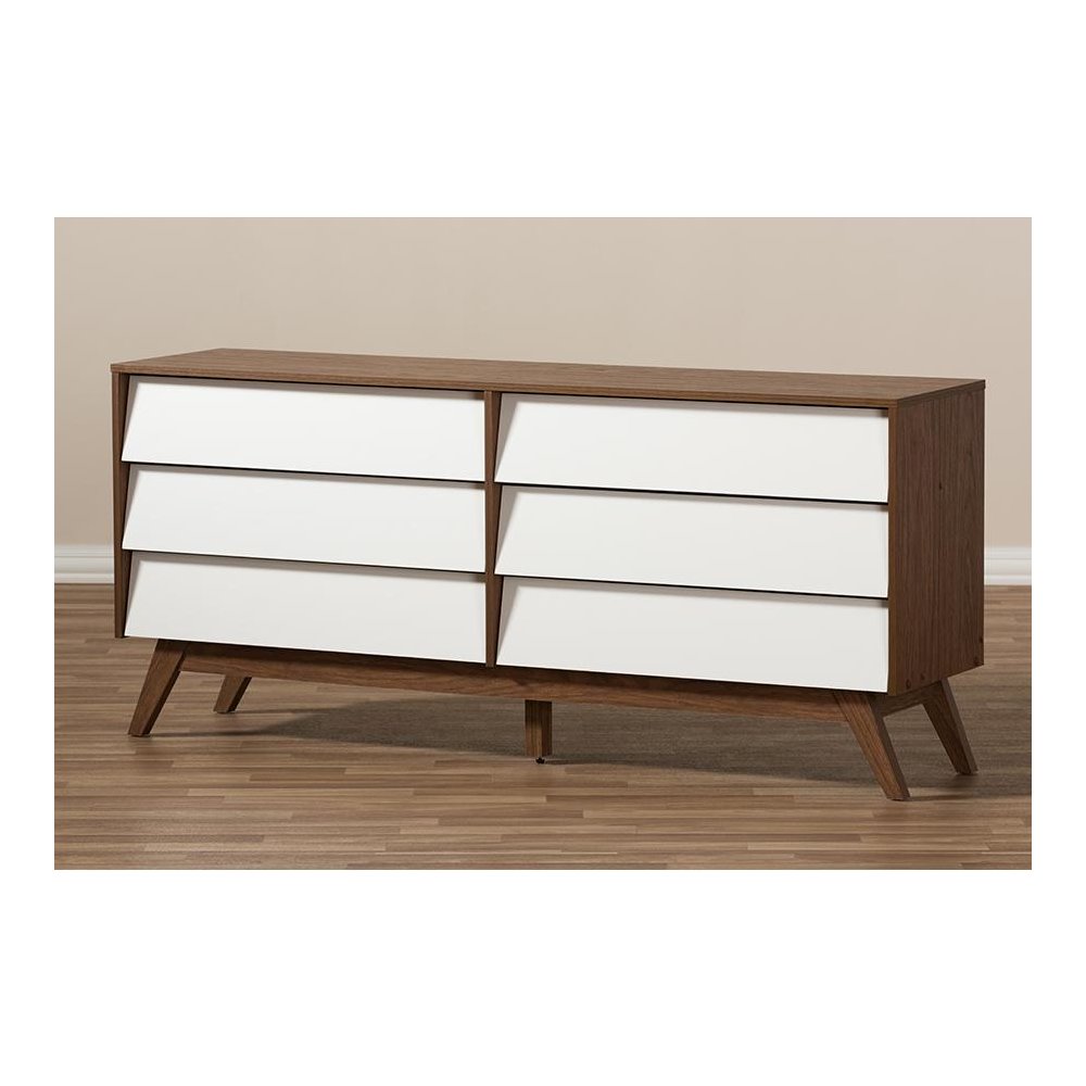 Hildon Mid-Century Modern White and Walnut Wood 6-Drawer Storage Dresser. Picture 6