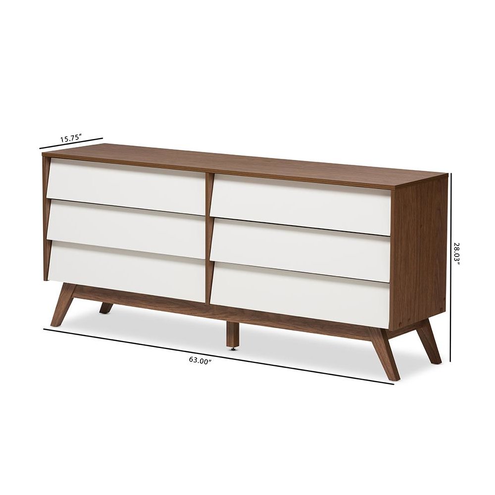 Hildon Mid-Century Modern White and Walnut Wood 6-Drawer Storage Dresser. Picture 7