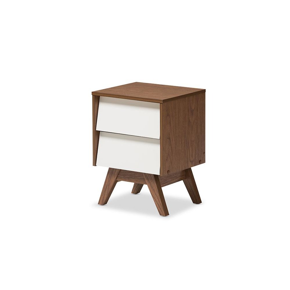 Hildon Mid-Century Modern White and Walnut Wood 2-Drawer Storage Nightstand. Picture 1