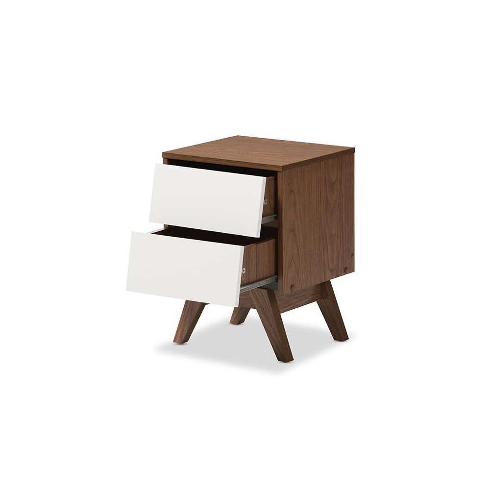 Hildon Mid-Century Modern White and Walnut Wood 2-Drawer Storage Nightstand. Picture 2
