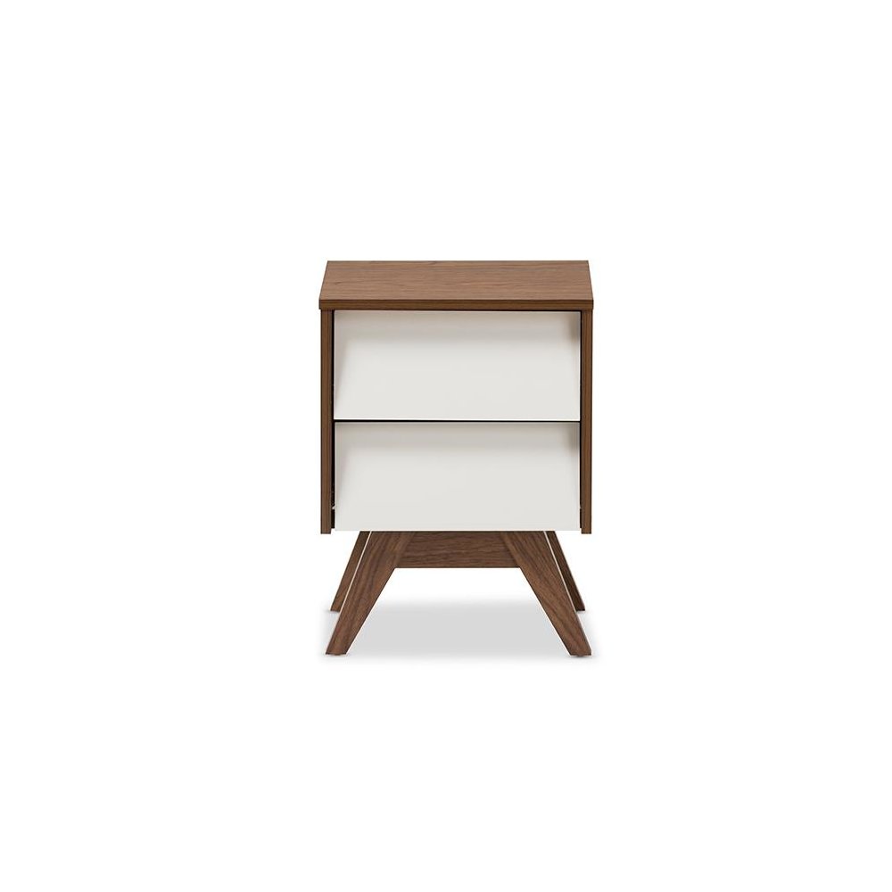 Hildon Mid-Century Modern White and Walnut Wood 2-Drawer Storage Nightstand. Picture 3
