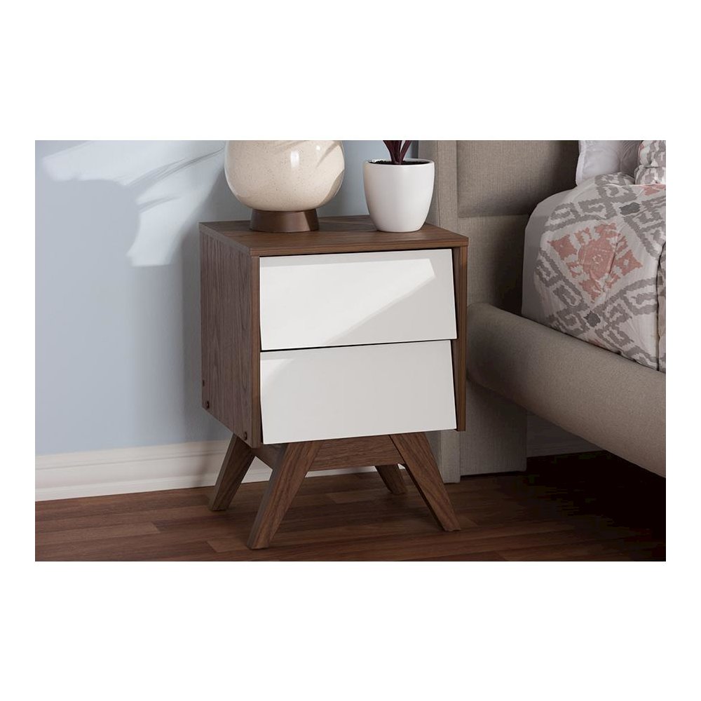 Hildon Mid-Century Modern White and Walnut Wood 2-Drawer Storage Nightstand. Picture 5