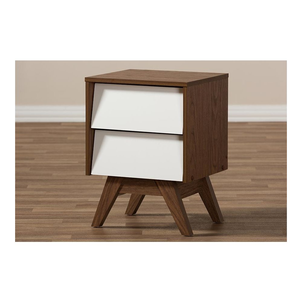 Hildon Mid-Century Modern White and Walnut Wood 2-Drawer Storage Nightstand. Picture 6