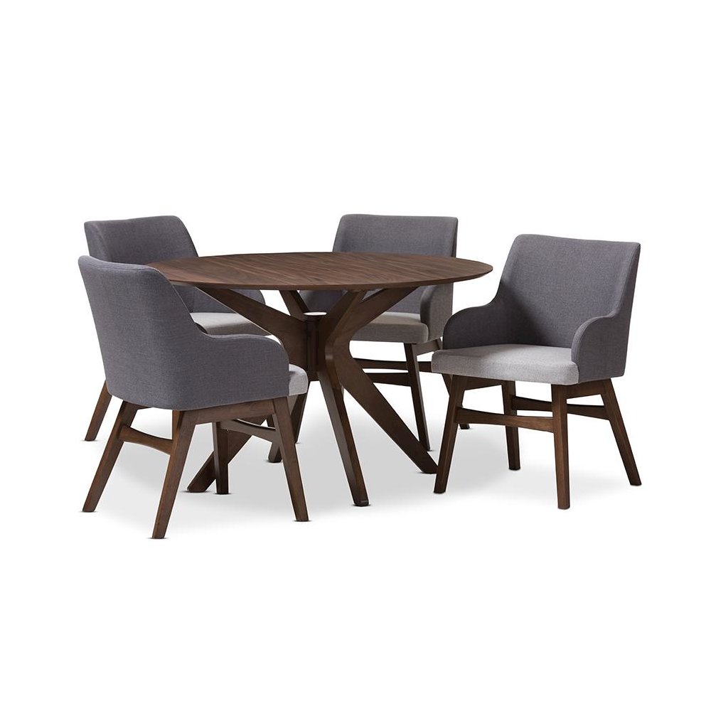 Baxton Studio Monte Mid-Century Modern Walnut Wood Round 5-Piece Dining Set. Picture 1