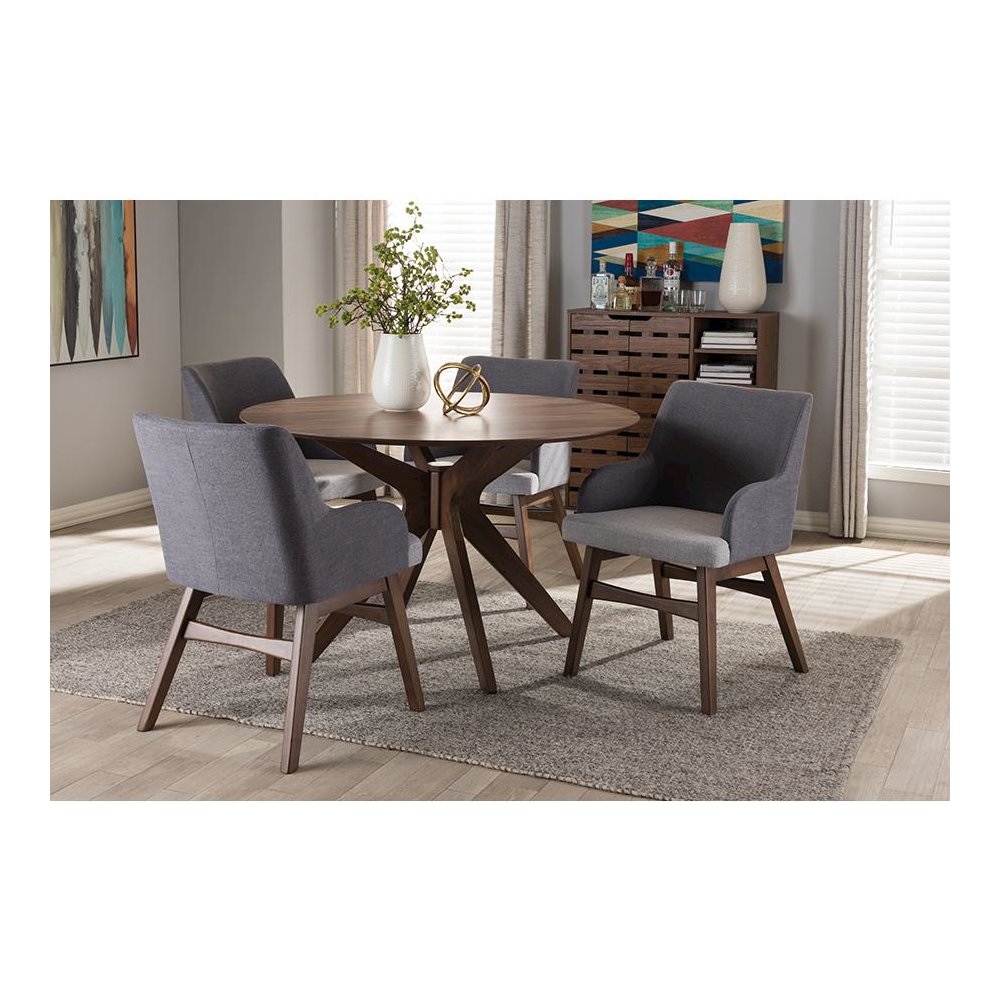 Baxton Studio Monte Mid-Century Modern Walnut Wood Round 5-Piece Dining Set. Picture 5