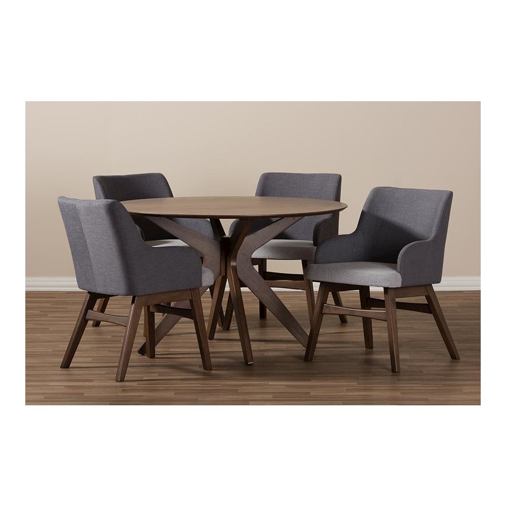 Baxton Studio Monte Mid-Century Modern Walnut Wood Round 5-Piece Dining Set. Picture 6