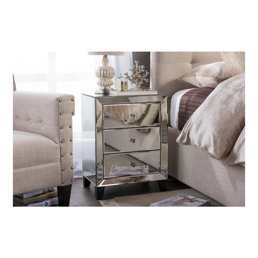 Hollywood Regency Glamour Style Mirrored 3-Drawers End Table. Picture 3