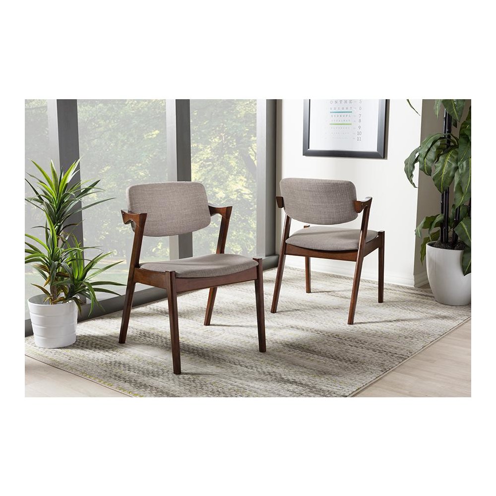 Elegant Mid-Century Dark Walnut Wood Grey Fabric Upholstered Dining Armchair. Picture 4