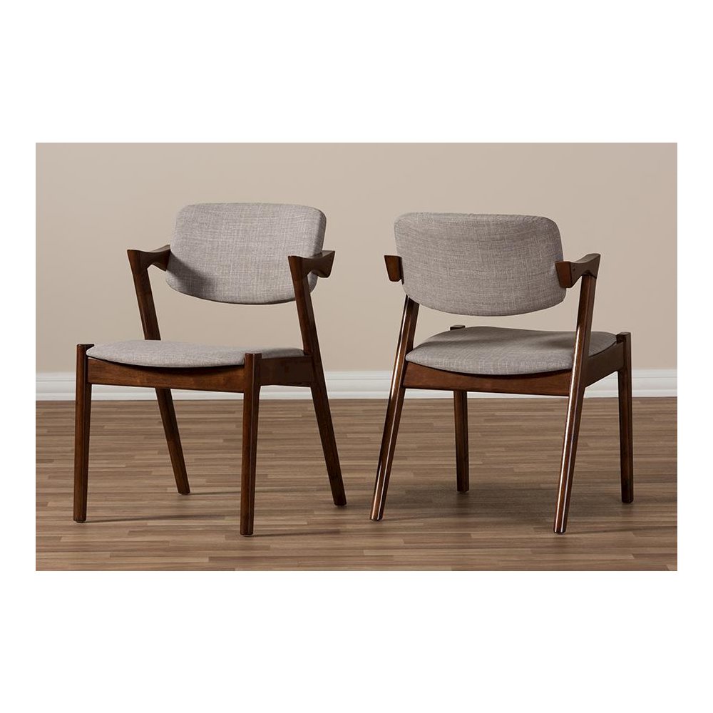 Elegant Mid-Century Dark Walnut Wood Grey Fabric Upholstered Dining Armchair. Picture 5