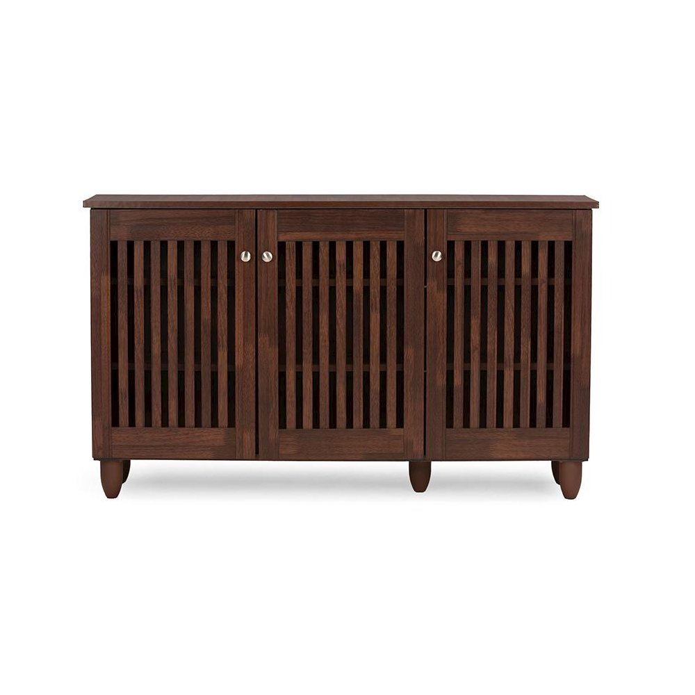 3-Door Oak Brown Wooden Entryway Shoes Storage Wide Cabinet. Picture 6